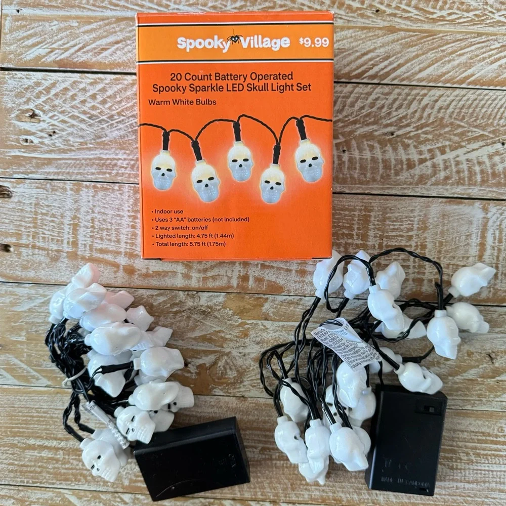 💀Set of 2 Spooky Village Spooky Sparkle LED Skull Lights💀 Battery Operated NEW